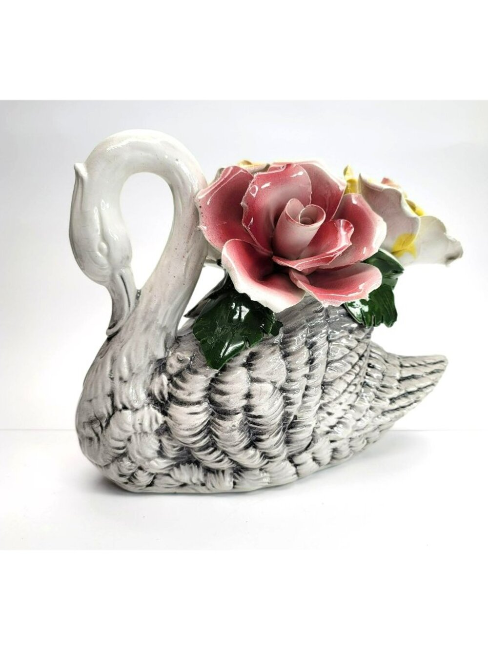 Vintage Swan Vase Bird With Roses Flower Figure Capodimonte Italian Decor PD109